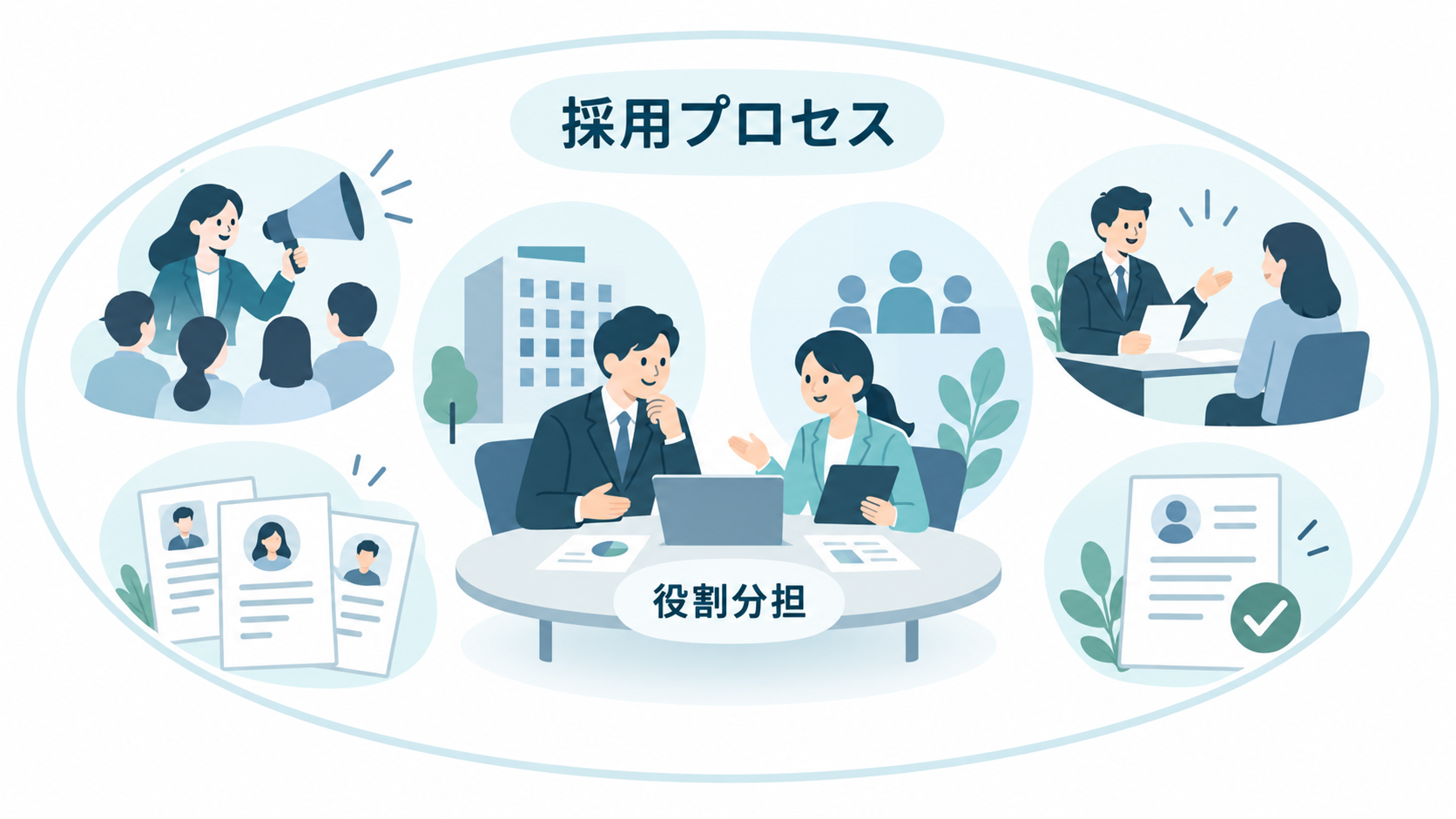RPOが採用プロセス全体を支援する役割分担を、中心と周辺業務の包含構造で視覚化できる一般解説H2。