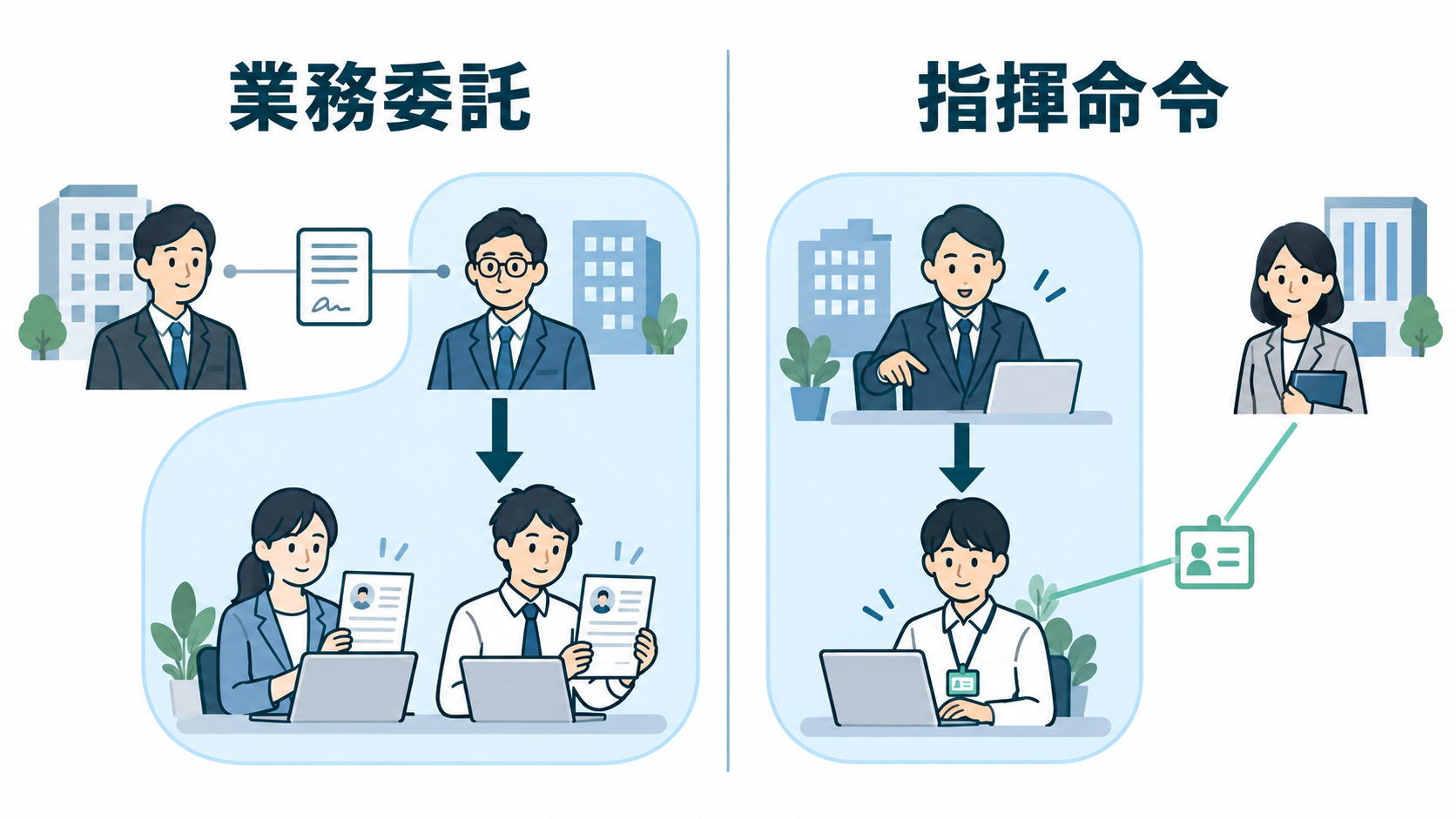 RPOと労働者派遣の指示系統の違いを、受託管理と派遣先指揮命令の対比で一枚に表せる一般解説H2。